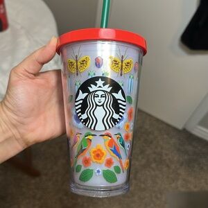 new Bird butterfly Starbucks tumbler straw lid 16 oz cup red floral blue green
